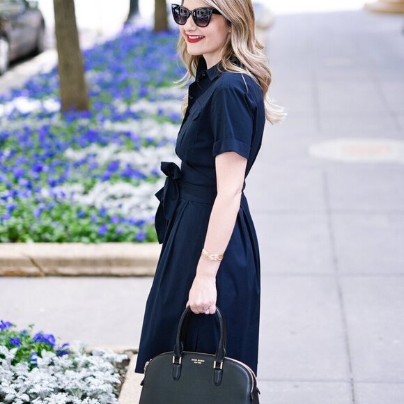Cynthia Steffe Maya Tie Waist Fit Flare Shirtdress Navy Blue Career Size 6 - Picture 11 of 13
